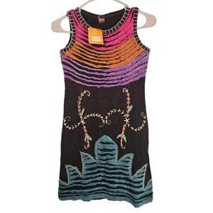 KPC Stonewashed Black Handmade Sleeveless‎ Embroidered Boho Colorful Dress Small